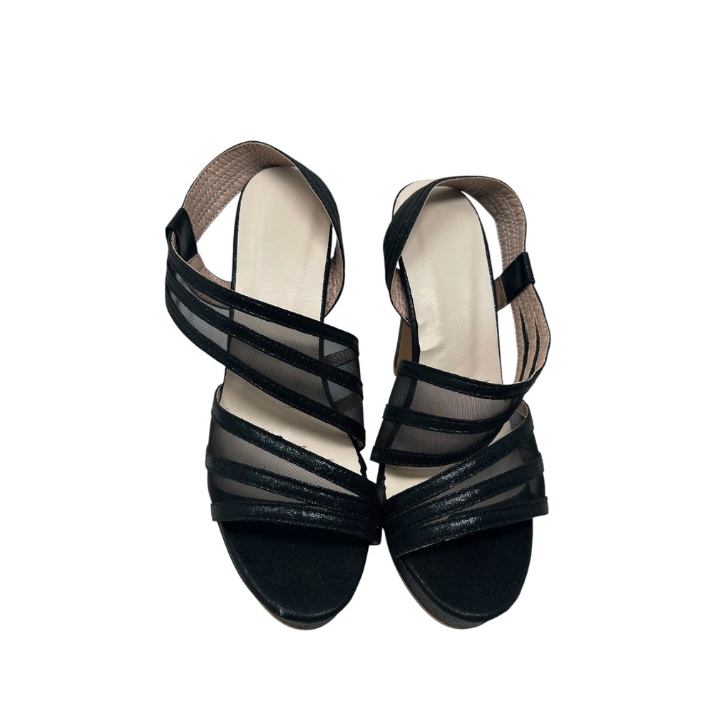 Black Shimmer Mesh Multi Strap Platform Slingback Heels Sandals Size 37